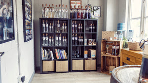 Collection of different liquor bottles neatly arranged
