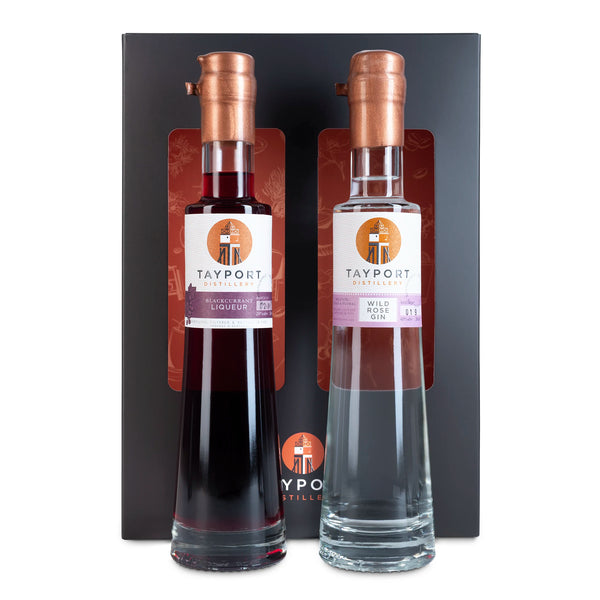 Tayport Distillery Bramble Cocktail Set featuring 20cl Wild Rose Gin and 20cl Blackcurrant Liqueur bottles for crafting classic Bramble cocktails at hom