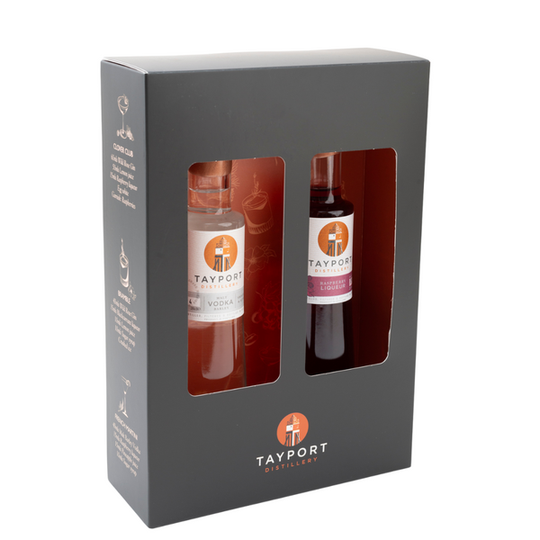 Tayport Distillery French Martini Gift Set featuring 20cl Malt Barley Vodka and 20cl Raspberry Liqueur bottles for crafting French Martini cocktails with Scottish spirits