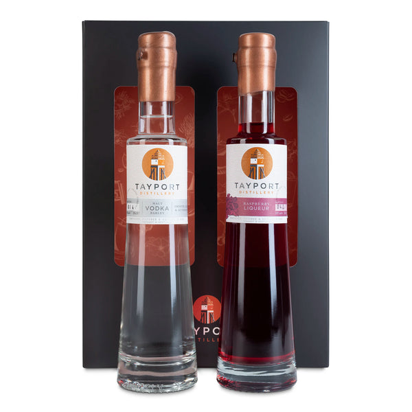 Tayport Distillery French Martini Gift Set featuring 20cl Malt Barley Vodka and 20cl Raspberry Liqueur bottles for crafting French Martini cocktails with Scottish spirits
