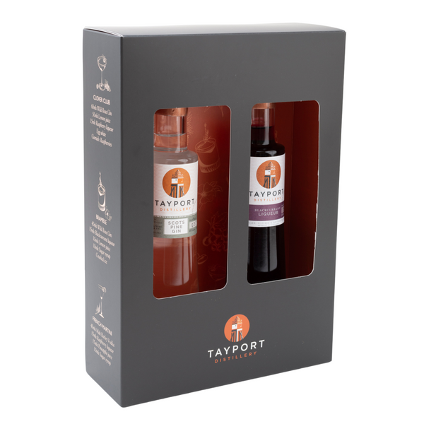 Tayport Distillery Gin Sour Gift Set featuring 20cl Scots Pine Gin and 20cl Blackcurrant Liqueur bottles for making classic Gin Sour cocktails with a Scottish twist