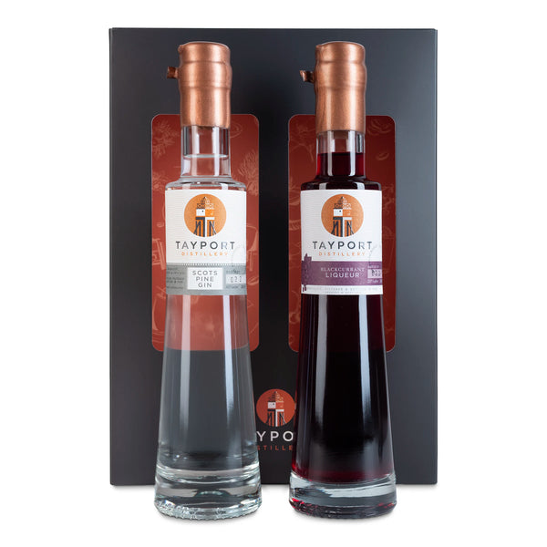 Tayport Distillery Gin Sour Gift Set featuring 20cl Scots Pine Gin and 20cl Blackcurrant Liqueur bottles for making classic Gin Sour cocktails with a Scottish twist